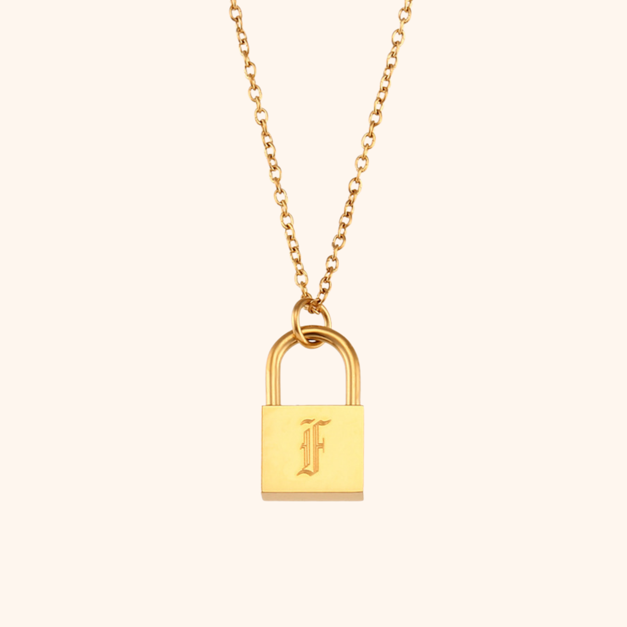 18k gold lock pendant necklace with engraved letter F